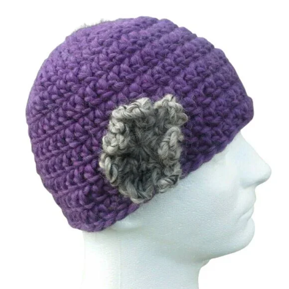 Womens Beanie Cloche Handmade Purple Crochet Hat Gray Brown Flower Pure New Wool - Picture 10 of 11